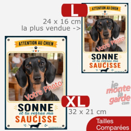 Pancarte verticale Teckel personnalisée humour "Sonne et tu verras ma saucisse" avec votre photo, 2 Tailles