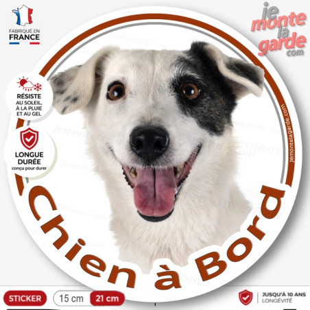 Jack Russell Terrier blanc avec un cocard noir, sticker autocollant rond "Chien à Bord" Disque photo voiture, résiste dehors