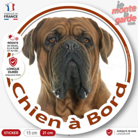 Dogue de Bordeaux face noire, sticker autocollant rond "Chien à Bord" disque photo face masque noire voiture, résiste dehors