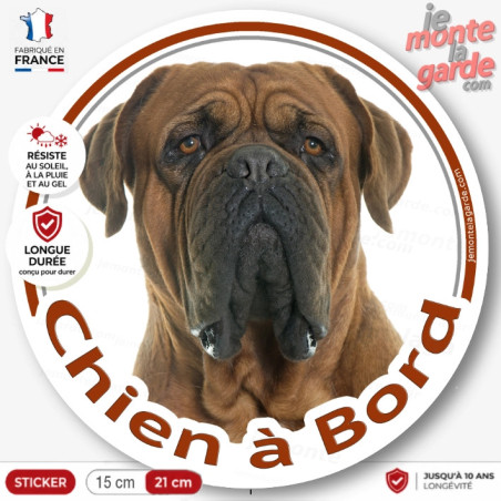 Dogue de Bordeaux face noire, sticker autocollant rond "Chien à Bord" disque photo face masque noire voiture, résiste dehors