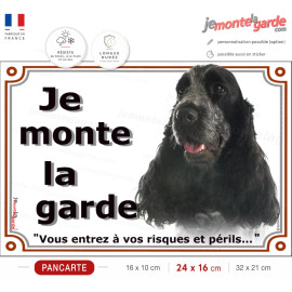 Cocker Anglais bleu roan, plaque portail "Je Monte la Garde, risques périls" spaniel photo, résiste dehors