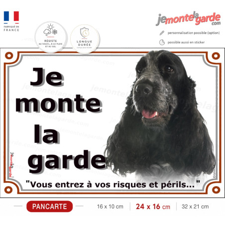 Cocker Anglais bleu roan, plaque portail "Je Monte la Garde, risques périls" spaniel photo, résiste dehors