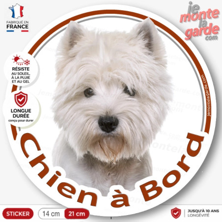 Westie Tête, sticker autocollant rond "Chien à Bord" Disque adhésif vitre voiture Westy photo race, résiste extérieur