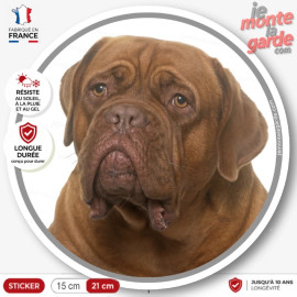Dogue de Bordeaux masque rouge, sticker autocollant rond "photo" intérieur ou Extérieur adhésif face fauve marron disque