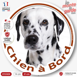 Dalmatien blanc avec taches noires, sticker autocollant rond "Chien à Bord" Disque vitre voiture chien photo, résiste dehors