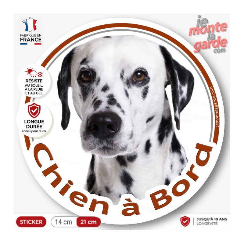 Dalmatien blanc avec taches noires, sticker autocollant rond "Chien à Bord" Disque vitre voiture chien photo, résiste dehors Dalmatien blanc avec taches noires, sticker autocollant rond "Chien à Bord" Disque vitre voiture chien photo, résiste dehors