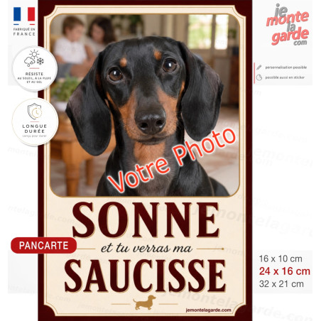 Pancarte verticale Teckel avec votre photo humour chien saucisse idéale pilier portail sonnette fabrication française