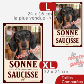 Pancarte verticale Teckel personnalisée humour "Sonne et tu verras ma saucisse" avec votre photo, 2 Tailles