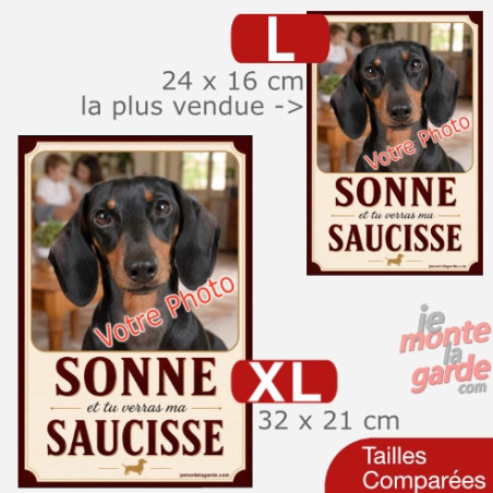 Pancarte verticale Teckel personnalisée humour "Sonne et tu verras ma saucisse" avec votre photo, 2 Tailles