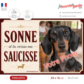 Pancarte extérieure Teckel avec votre photo humour chien saucisse idéale pilier portail sonnette fabrication française