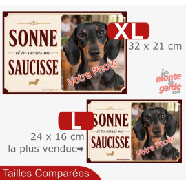 Pancarte portail Teckel personnalisée humour "Sonne et tu verras ma saucisse" avec votre photo, 2 Tailles