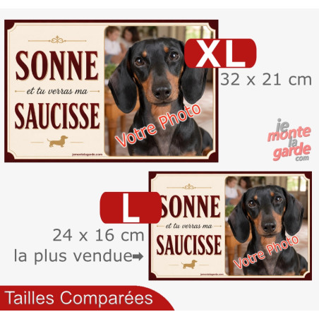 Pancarte portail Teckel personnalisée humour "Sonne et tu verras ma saucisse" avec votre photo, 2 Tailles