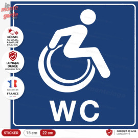 Sticker bleu WC PMR pictogramme fauteuil roulant pour signaler les toilettes accessibles 15 ou 22 cm