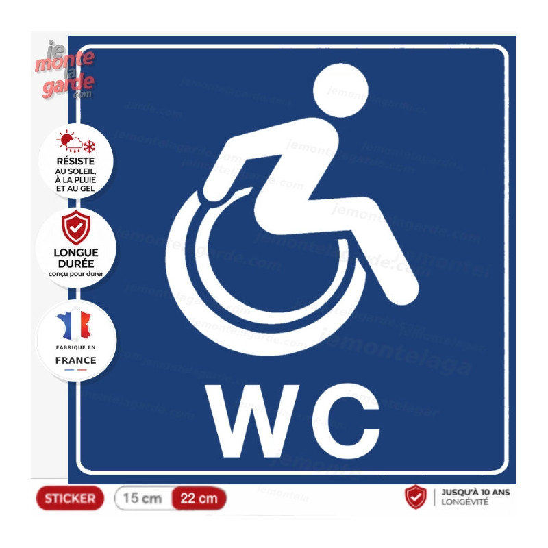 Sticker bleu WC PMR pictogramme fauteuil roulant pour signaler les toilettes accessibles 15 ou 22 cm