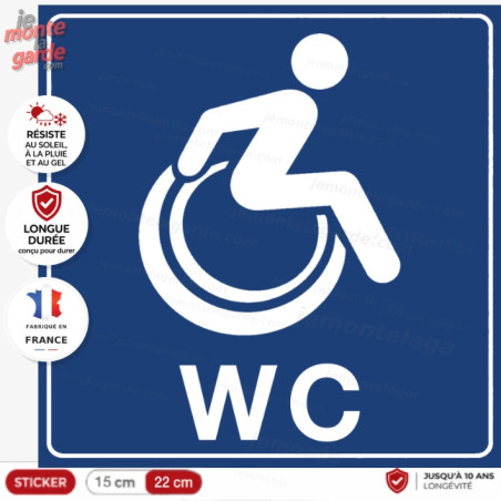 Sticker bleu WC PMR pictogramme fauteuil roulant pour signaler les toilettes accessibles 15 ou 22 cm