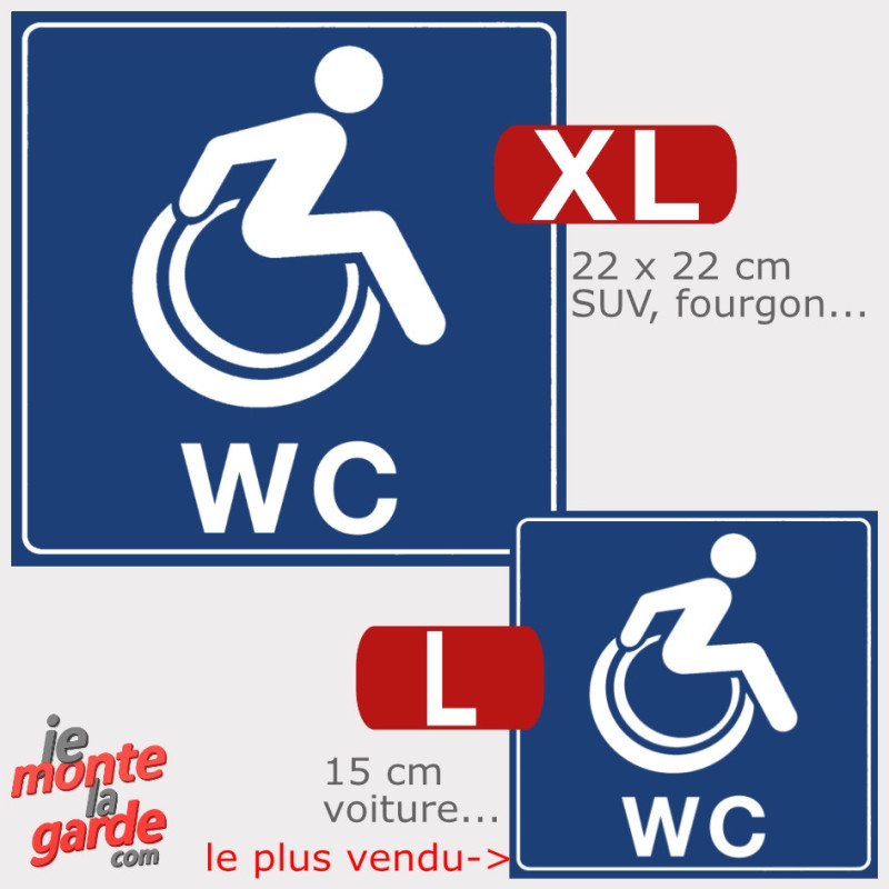 Sticker bleu WC PMR pictogramme fauteuil roulant pour signaler les toilettes accessibles, comparaison tailles dispos en photo