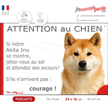 Akita Inu Japonais fauve rouge, plaque portail humour "Attention au Chien, Jetez Vous au Sol, attendez secours, courage" photo