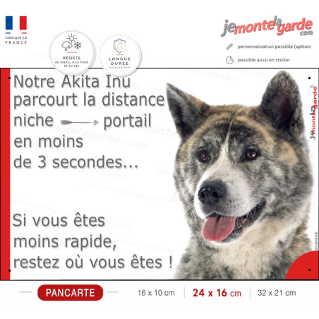 Akita Inu bringé, plaque humour "distance Niche-Portail 3 secondes" 3 Tailles