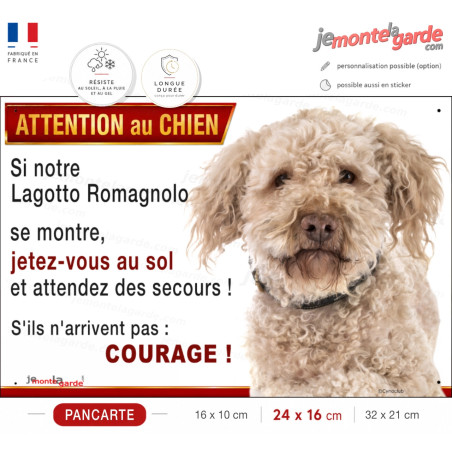Lagotto Romagnolo, plaque portail humour "Attention au Chien, Jetez Vous Sol, attendez secours, courage, résiste extérieur