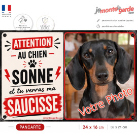 Pancarte extérieure Teckel avec votre photo humour chien saucisse idéale pilier portail sonnette fabrication française