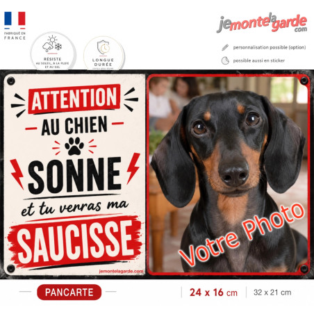 Pancarte extérieure Teckel avec votre photo humour chien saucisse idéale pilier portail sonnette fabrication française