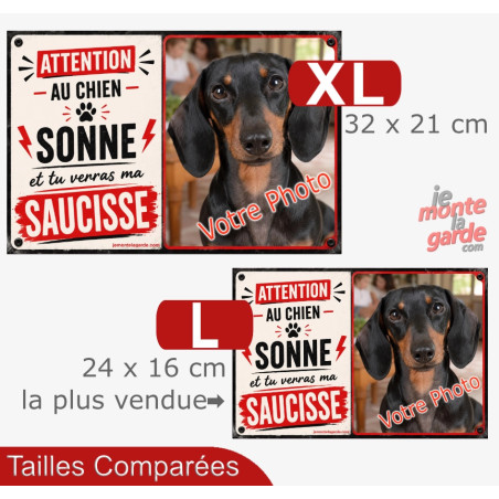 Pancarte portail Teckel personnalisée humour "Sonne et tu verras ma saucisse" avec votre photo, 2 Tailles