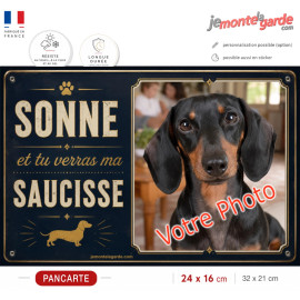Pancarte extérieure Teckel avec votre photo humour chien saucisse idéale pilier portail sonnette fabrication française