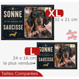 Pancarte portail Teckel personnalisée humour "Sonne et tu verras ma saucisse" avec votre photo, 2 Tailles
