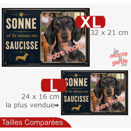 Pancarte portail Teckel personnalisée humour "Sonne et tu verras ma saucisse" avec votre photo, 2 Tailles