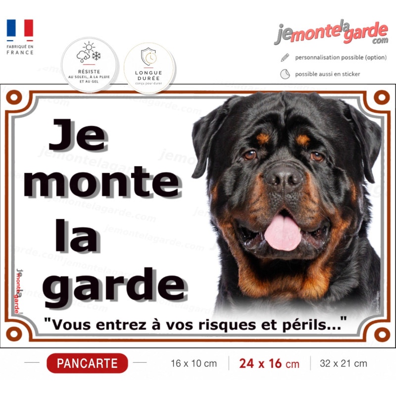 Rottweiler XL, plaque portail "Je Monte la Garde, risques périls" photo Rott russe royal, résiste dehors