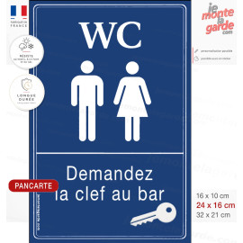 Pancarte bleue WC hommes femmes demandez la clef au bar pour restaurant café brasserie et établissement public