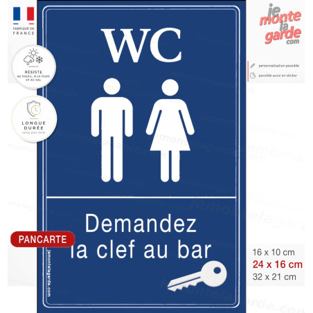 Pancarte bleue WC hommes femmes demandez la clef au bar pour restaurant café brasserie et établissement public