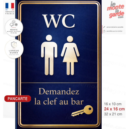 Pancarte WC bleu nuit et doré haut de gamme demandez la clef au bar pour hôtel restaurant brasserie