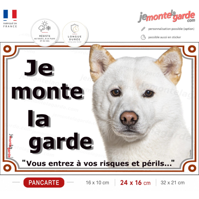 Akita Inu Japonais entièrement blanc, plaque portail "Je Monte la Garde, risques et périls" photo, résiste dehors, idée cadeau