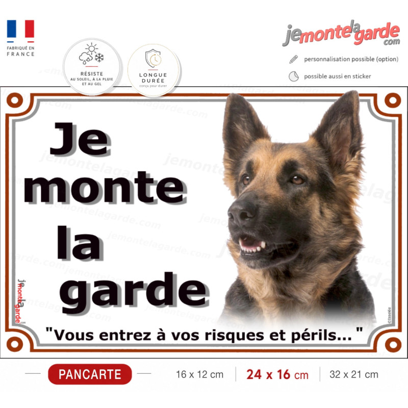 Berger Allemand Poils Longs, Panneau Portail "je monte la garde, risques périls" résiste dehors