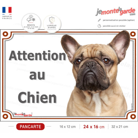 Bouledogue Français Fauve Tête, plaque portail "Attention au Chien" photo, beige sable, résiste pluie soleil gel, idée cadeau