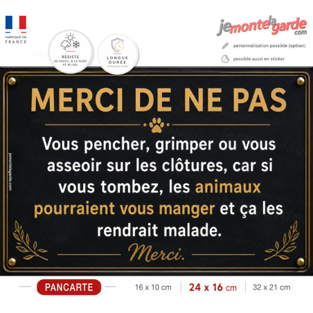Pancarte humour animaux ne pas grimper sur les clôtures sécurité visiteurs zoo ferme pédagogique parc animalier enclos