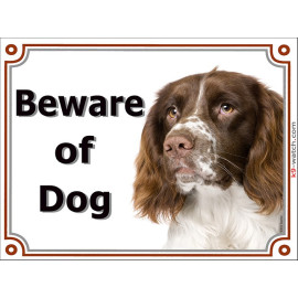 Liver and white English Springer Spaniel “Beware of Dog” gate plaque with photographic portrait, available 3 sizes