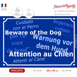 Plaque de rue bleue "Attention au Chien" multilingue pour lieux accueillant des étrangers