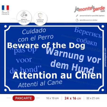 Plaque de rue bleue "Attention au Chien" multilingue pour lieux accueillant des étrangers