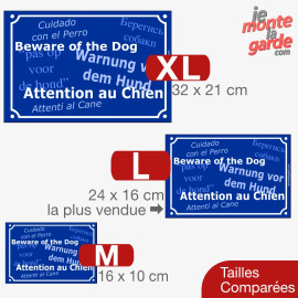 Plaque bleue portail "Attention au Chien" multilingue, résiste dehors, 3 Tailles