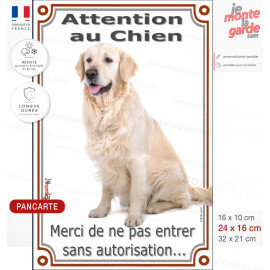 Golden Retriever Assis, plaque verticale portail "Attention au Chien, entrez pas sans autorisation" photo, résiste dehors