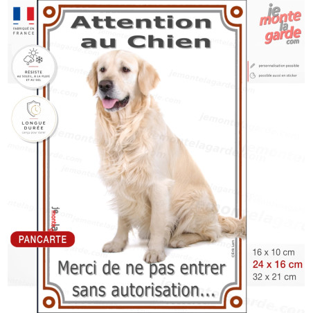 Golden Retriever Assis, plaque verticale portail "Attention au Chien, entrez pas sans autorisation" photo, résiste dehors