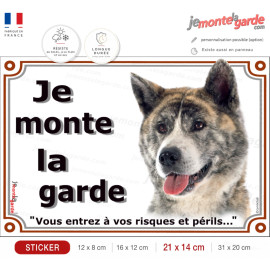 Akita Inu Japonais bringé, panneau autocollant "Je Monte la Garde, risques périls" portail entrée, sticker adhésif photo