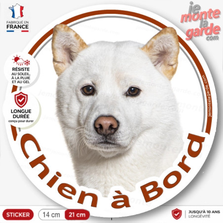 Akita Inu Japonais tout blanc, sticker rond "Chien à Bord" disque photo vitre voiture, résiste dehors
