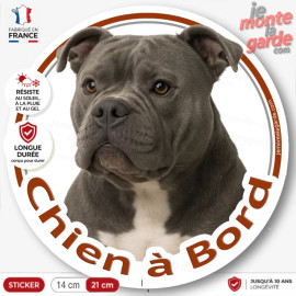American Bully gris bleu, sticker autocollant voiture rond "Chien à Bord" Disque adhésif photo résiste intempéries