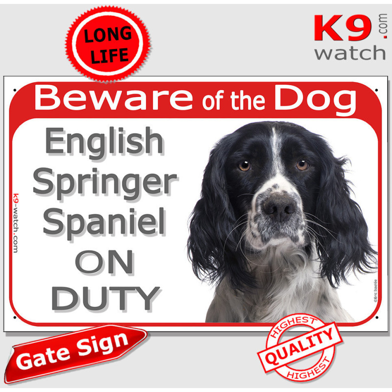 Black and white English Springer Spaniel “ON DUTY” gate sign with a striking breed photograph and prominent “Beware of the Dog”