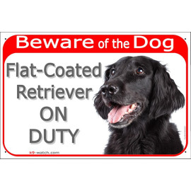 Black Flat-Coated Retriever “ON DUTY” sign with breed photo and prominent “Beware of the Dog” warning.