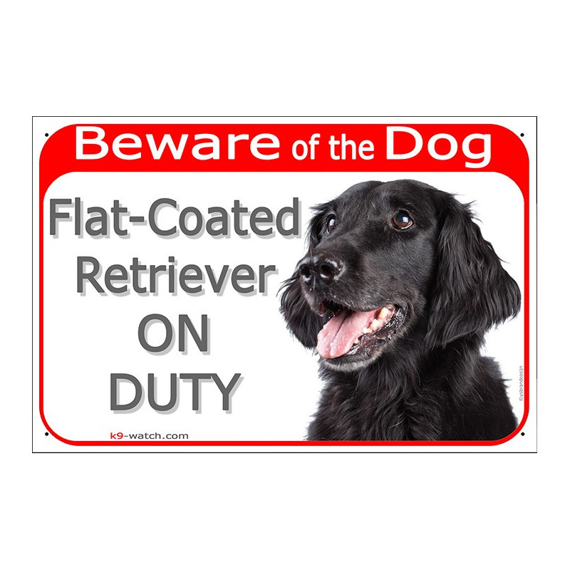Black Flat-Coated Retriever “ON DUTY” sign with breed photo and prominent “Beware of the Dog” warning.