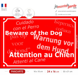 Plaque de rue rouge "Attention au Chien" multilingue pour lieux accueillant des étrangers, résiste dehors, fabriqué en France